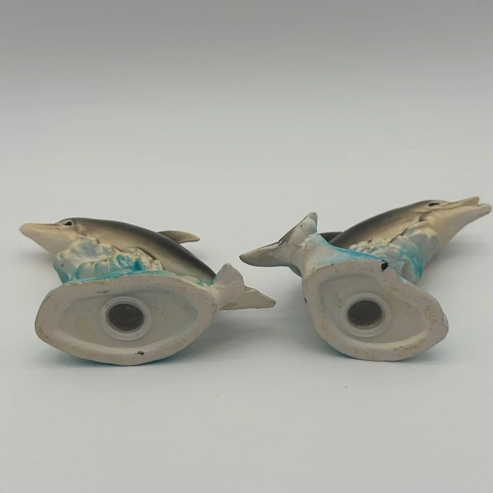 Vintage Dolphin Salt and Pepper Shakers Set Grey Blue Ocean Waves Decor